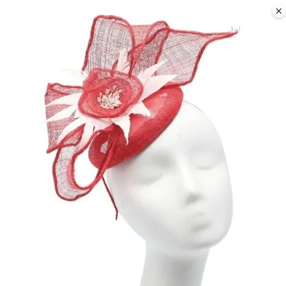 Red Sinamay & White Feather Fascinator | Derby Wedding Races Hat Headpiece - Picture 7 of 7